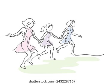 Happy Girls friends run through meadow holding hands. Continuous one line drawing. Vector illustration