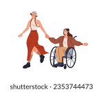 Happy girls friends, woman in wheelchair. Females couple walking, holding hands, girlfriend in wheel chair, person with physical disability. Flat vector illustration isolated on white background