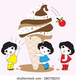 Happy Girls And Giant Ice Cream Cone illustration