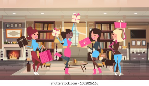 Happy Girls With Gift Boxes At Home Celebrating International Woman Day 8 March Holiday Flat Vector Illustration