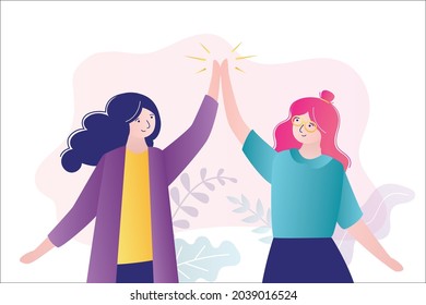 Happy girls give five to each other. Colleagues or students celebrate achievement of goal. Gesture of joy. Successful teamwork. Friendship. Cheerful best friends giving high five. Vector illustration