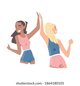 Happy Girls Giving High Five, Cheerful Friends Characters Meeting, Happiness, Agreement or Joy Expression Cartoon Style Vector Illustration