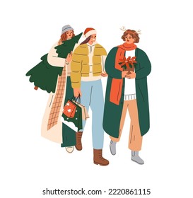 Happy girls going shopping for Christmas. Young women friends preparing gifts, Xmas tree for winter holiday, walking with bags, presents outdoors. Flat vector illustration isolated on white background