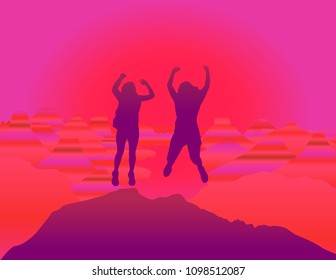 
Happy girls with hands up jumping and having fun on the top of mountain  Vector and raster format of illustration available. Grand Canyon National Park, Arizona, USA.