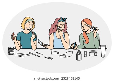 Happy girls have fun applying makeup enjoying beauty day together at home. Smiling girlfriends do cosmetic procedures on spa weekend indoors. Vector illustration.