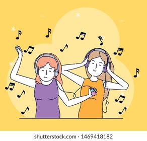 happy girls with headphones technology and mp4