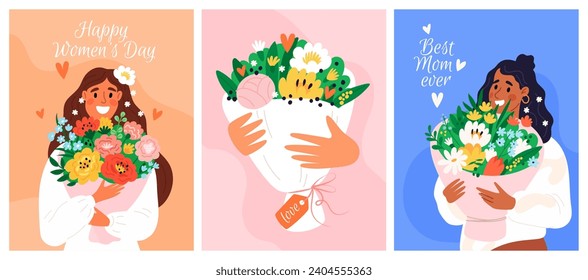 Chicas felices sostienen hermosas ramas de flores. Tarjetas de felicitación del Día Internacional de la Mujer. Vacaciones de primavera. Celebración de las mamás. Regalos florales románticos. Tejido de flores en las manos