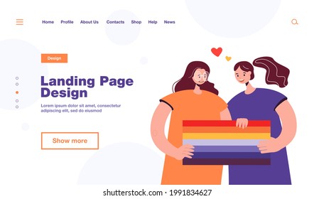 Happy girls holding rainbow flag together. Female couple smiling, supporting LGBT community and movement flat vector illustration. LGBT pride, love concept for banner, website design or landing page