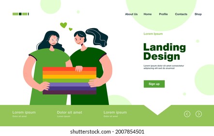 Happy girls holding rainbow flag together. Female couple smiling, supporting LGBT community and movement flat vector illustration. LGBT pride, love concept for banner, website design or landing page