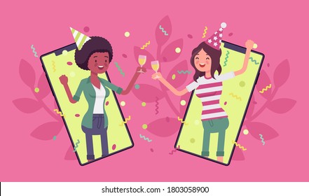 Happy Girls Hosting Online Party, Gathering To Celebrate By Smartphone. Young Women Using Mobile Phone App To Meet And Hang Out, Virtual Event On Home Isolation. Vector Flat Style Cartoon Illustration