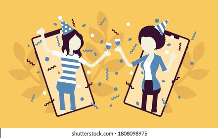Happy girls hosting online party, gathering to celebrate by smartphone. Young women using mobile phone app to meet and hang out, virtual event on home isolation. Vector creative stylized illustration