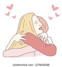 Happy girls hugging. Friendly family. A windy cartoon line illustration.