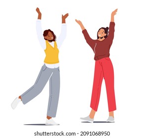 Happy Girls Jump with Raised Arms, Female Characters Feel Positive Emotions, Rejoice, Victory or Success. Teenagers Good Mood Laughing Isolated on White Background. Cartoon People Vector Illustration