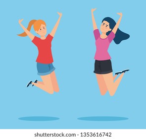 happy girls jumping with blouse and shorts