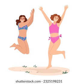 Fröhliche Mädchen springen am Strand hoch. Fröhliche Frauen in Badebekleidung, begeistert von Sommerferien. Positives energetisches Weibchen. Flache grafische Vektorgrafik einzeln auf weißem Hintergrund