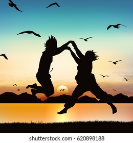 Happy girls are jumping, on silhouette art.