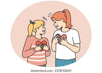 Happy girls kids holding paper heart in hands showing love and care. Smiling children with postcards demonstrate support and comfort feel grateful. Vector illustration.