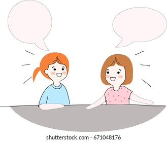 Happy Girls kids or pretty woman are friend talk and smile with talking bubble satisfied feeling, cute cartoon flat design, hand draw doodle comic style,graphic illustration vector