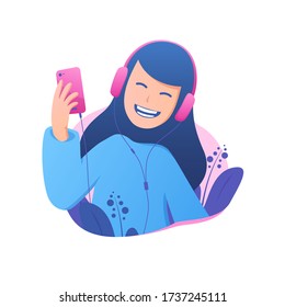 Happy girls listening to music with smartphone through earphones vector illustration