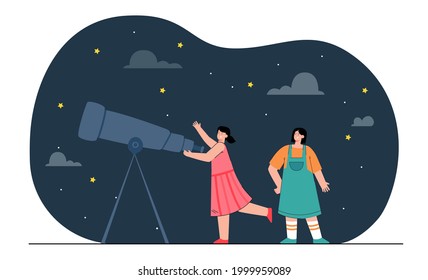 Chicas felices mirando las estrellas a través del telescopio. Mujeres estudiando astronomía ilustraciones planas vectoriales. Educación, barra óptica, concepto de observación para banner, diseño de sitios web o página web de aterrizaje