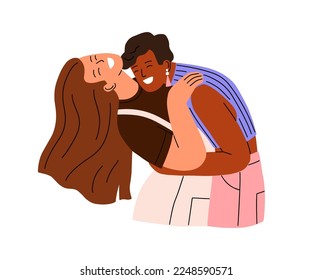 Happy girls love couple laughing, hugging. LGBT women having fun, joy. Lesbian girlfriends. Joyful female friends in romantic relationship. Flat vector illustration isolated on white background