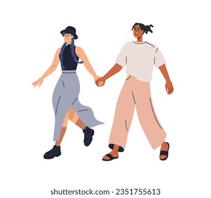 Happy girls, love couple walking, holding hands. Young excited women going together. Biracial female friends strolling. Lesbian partners. Flat graphic vector illustration isolated on white background