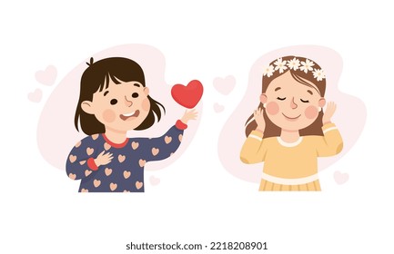 Happy girls love themselves. Self love, acceptance, self care, happiness concept cartoon vector illustration