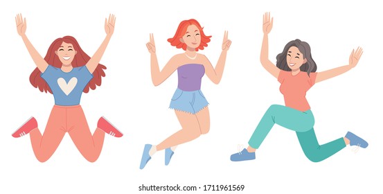 Happy girls millennials person youngsters having good mood.
Happy jumping girl. Good summer mood. Freedom. People dancing.