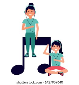 happy girls with mp3 and earphones note musical listening music vector illustration