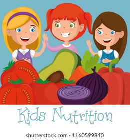 happy girls with nutrition food