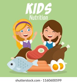 happy girls with nutrition food