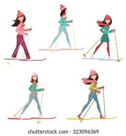 happy girls on cross country skiing 