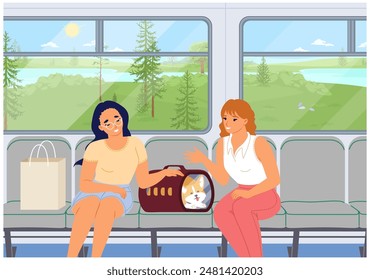 Happy girls with pet in carriage traveling inside train vector illustration