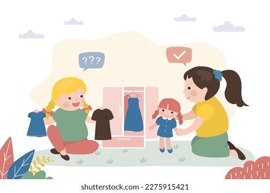 Happy girls play with doll and fashion clothes for toys. Girlfriends talking and playing. Childhood, imagination, preschool games. Cute female characters. Girls friends have funny gaming. flat vector