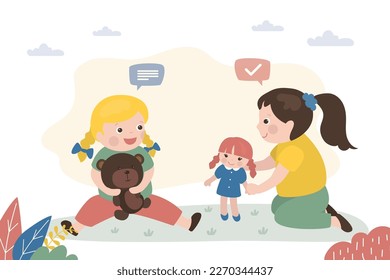 Happy girls play with plush toys. Girlfriends play with teddy bear and doll. Childhood, imagination, preschool games. Cute female characters. Girls friends have gaming. flat vector illustration