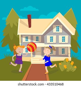 Happy Girls Playing Ball near the House. Summer Children Vacation. Vector illustration