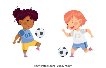 Happy girls playing soccer. Cute kids running and kicking ball cartoon vector illustration