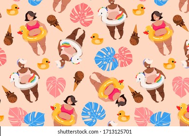 Happy girls and pool rings pattern. Seamless pattern design for web banner, poster, textile and wrapping paper. Hand-drawn modern vector illustration.  Summertime concept. Girls in swimsuits. 