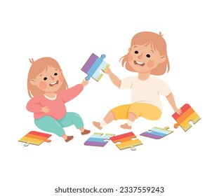 Happy girls putting puzzle. Joyful elder and little sisters playing together cartoon vector illustration