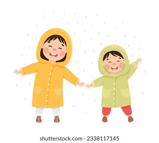 Happy girls in raincoats walking and having fun in rainy weather. Joyful kids sisters playing together cartoon vector illustration