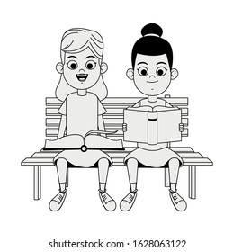 happy girls reading books sitting on a bench over white background, flat design, vector illustration