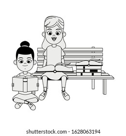 happy girls reading books sitting on a bench over white background, flat design, vector illustration