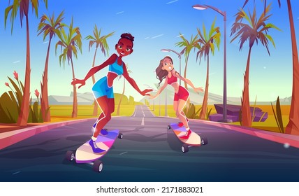 Happy girls riding on skateboard on road. Vector cartoon illustration of summer landscape with mountains, green palm trees, highway and young african american and caucasian women skater on longboard