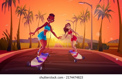 Happy girls riding on skateboard on road. Vector sunset cartoon illustration of summer landscape with mountains, palm trees, highway and young african american and caucasian women skater on longboard