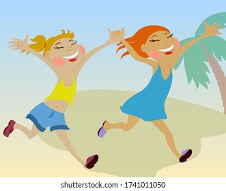 Happy girls run along the beach. Friendship of young ladies. Summer vacation. Flat style image. EPS10 vector illustration