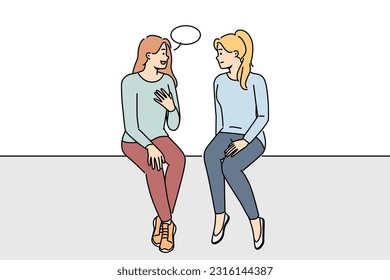 Happy girls sitting talking with speech bubble above head. Smiling women have conversation engaged in interesting discussion. Communication. Vector illustration. 