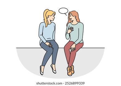 Happy girls sitting talking with speech bubble above head. Smiling women have conversation engaged in interesting discussion. Communication. Vector illustration.