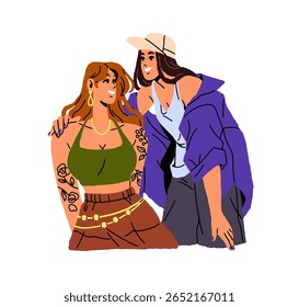 Garotas felizes de pé e abraçam-se. Amigos ou jovens mulheres lésbicas se abraçam, se amam e se apoiam. Pessoas alegres abraçam e sorriem. Ilustração de vetor isolado plano sobre fundo branco