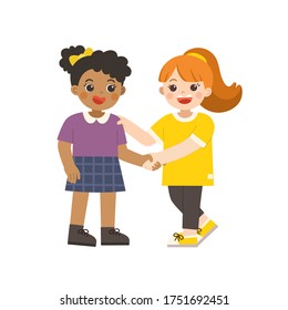 Happy Girls Standing And Shaking Hands Making Peace. Happy Multiracial Kids Best Friends. Happy Girls Catching Each Other's Hand. School Friendship.