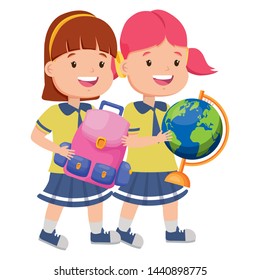 happy girls student with backpack and world map back to school vector illustration